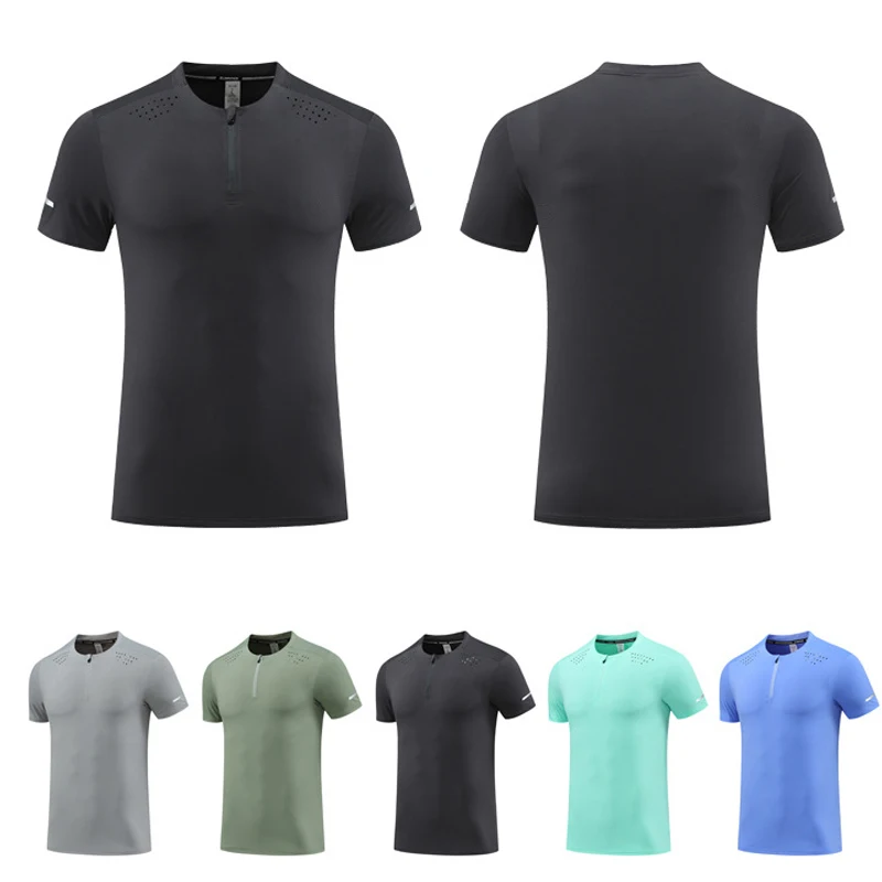 (M-3XL)Men Stand Collar Half Zip Ice Silk Quick Dry Sport T-Shirt Men Solid Color Slim Exercise Training Gym Fitness Tops