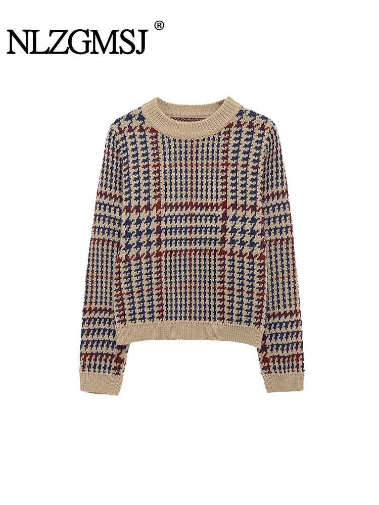 

NLZGMSJ винтажный повседневный шикарный женский клетчатый свитер с круглым вырезом и длинными рукавами, вязаные топы, новая мода, осенний свитер 2025 г.