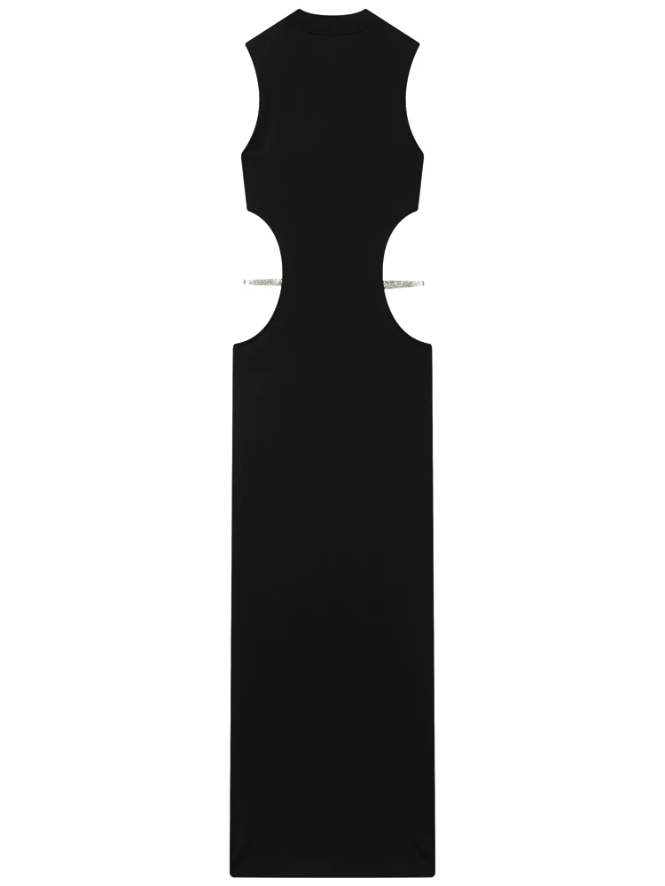 Hxao vestidos longos recortados para mulheres, sem mangas, preto, vestidos de festa, bodycon, sexy, vestido de noite, strass, vestidos femininos elegantes