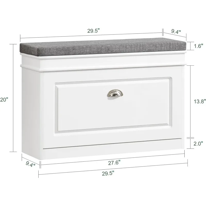 Shoe Storage Bench with Cushion, White Narrow Shoe Rack for Entryway, Small Shoe Cabinet with 2 Tiers Flip-Drawer, Closet