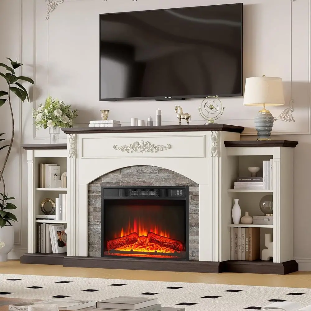 Chimenea Eléctrica de 72 Pulgadas con Repisa, Soporte Blanco para TV de hasta 80 Pulgadas, Centro de Entretenimiento Estilo Amish con Almacenamiento, 23 Firep