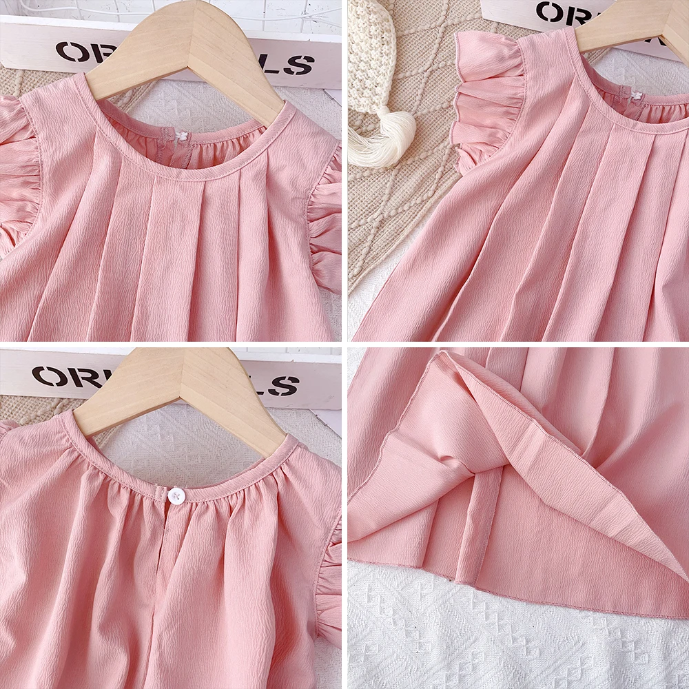 Bear Leader 3-7Y Baby Girls Princess Dresses Round Neck Summer Solid Color Kids Dress Flying Sleeve Pleated Pink Girl Clothes