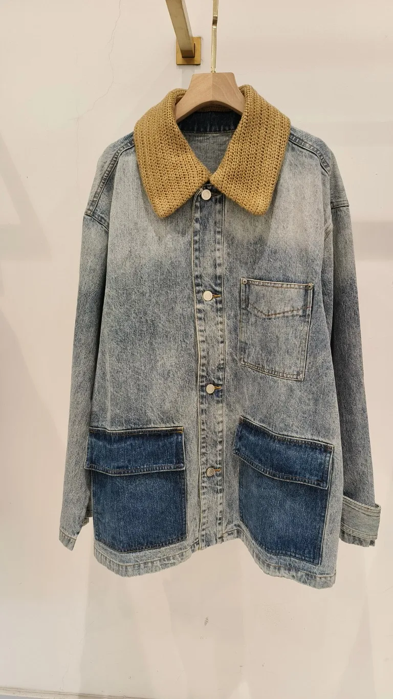 2024 Autumn New Women's Clothing Vintage patchwork knit collar loose shoulder denim jacket 0822