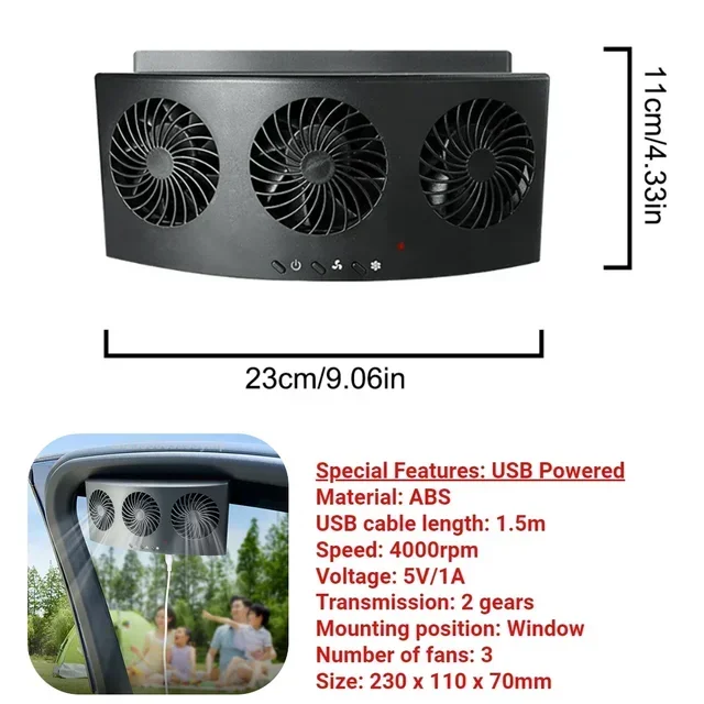 Auto-afzuigventilator 3-kops koelventilator USB-aangedreven auto-luchtreiniger Radiatorventilator Vensterventilatie Koele ventilatie Interieuraccessoires - afbeelding 1
