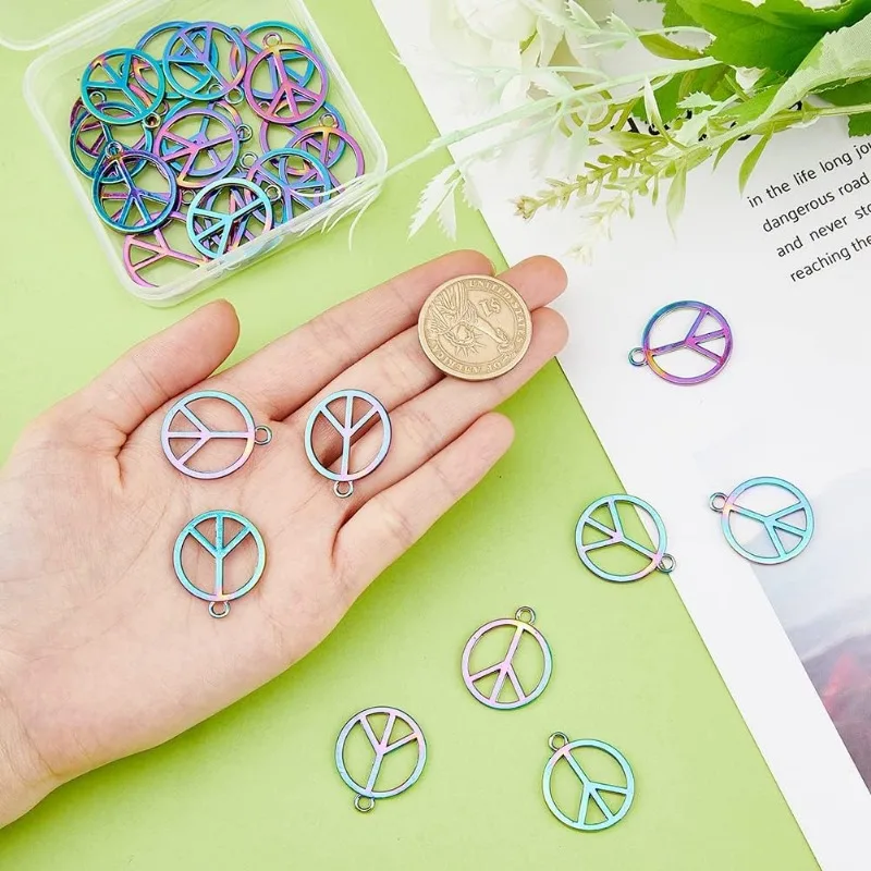 30Pcs Love Peace Sign Pendants Alloy Charms Peace Symbol Charms Rainbow Color Ring with Peace Sign Pendants Hippie Charms