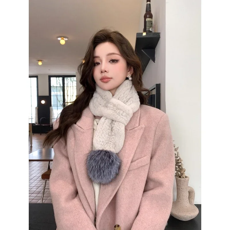 Korean version of solid color Rex rabbit hair woven short scarf warm fur scarf autumn and winter scarf fox hair ball