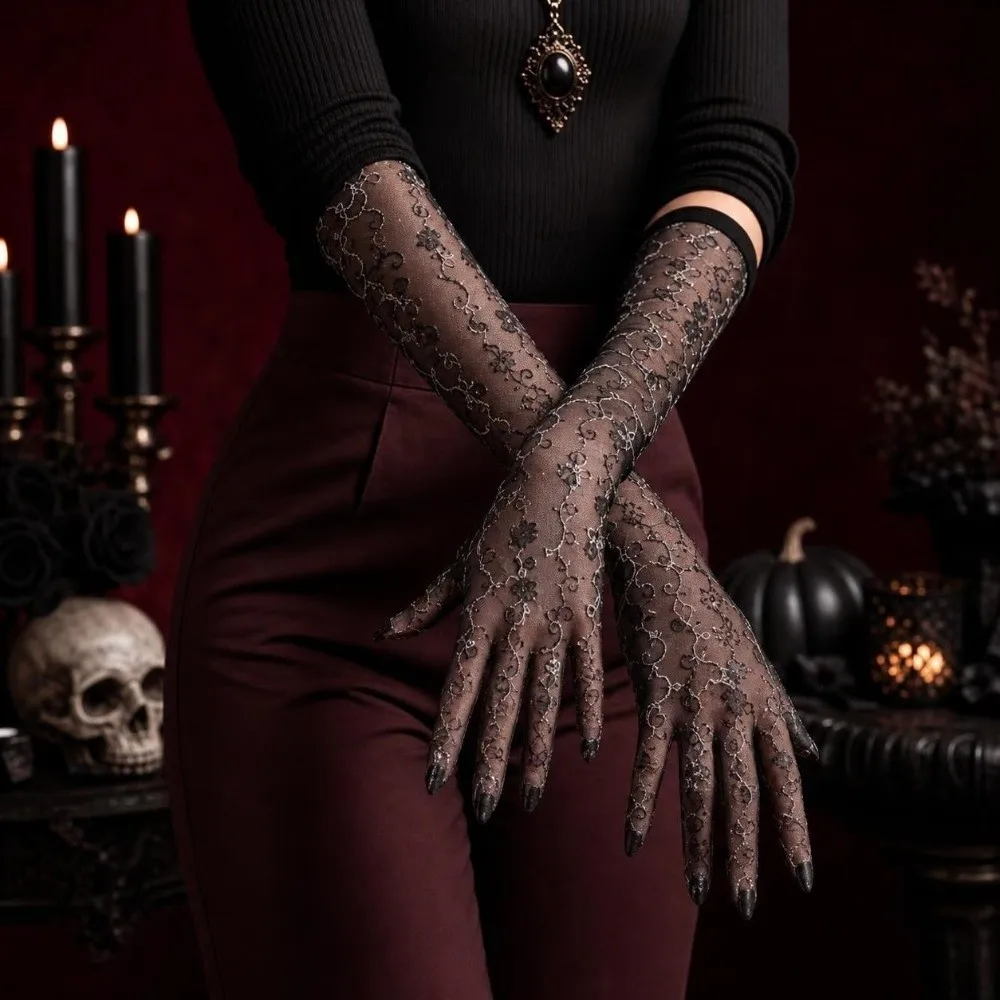 Ultra Thin Sheer Long Gloves Floral Printing Elastic Oil Shiny Gloves Sheer See Through Silky Smooth Dance Gloves Cosplay