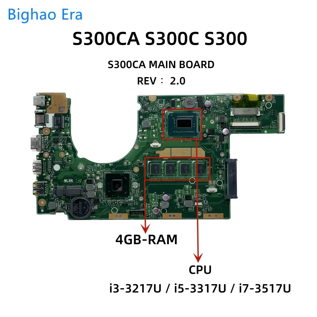 Placa-mãe para laptop asus vivobook s300 s300c s300ca com i3-3217U i5-3317U i7-3517U cpu 4gb-ram s300ca placa principal