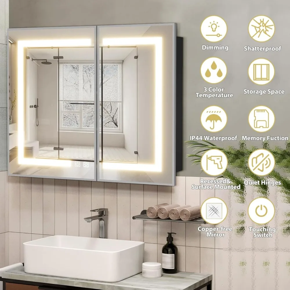 Lighted Medicine Cabinet with Mirror, Wall Mounted Bathroom Mirror with Storage,Bathroom Wall Cabinet with LED Lights,36"x30"