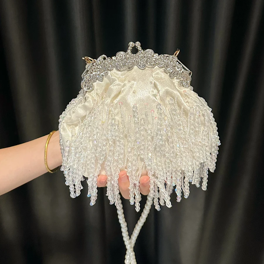 

Luxury Beading Tassel Hobo Bag Satin Handmade Evening Bag Women's Handbag Wedding Party Clutch Purse Pearl Chains Shoulder Bags
