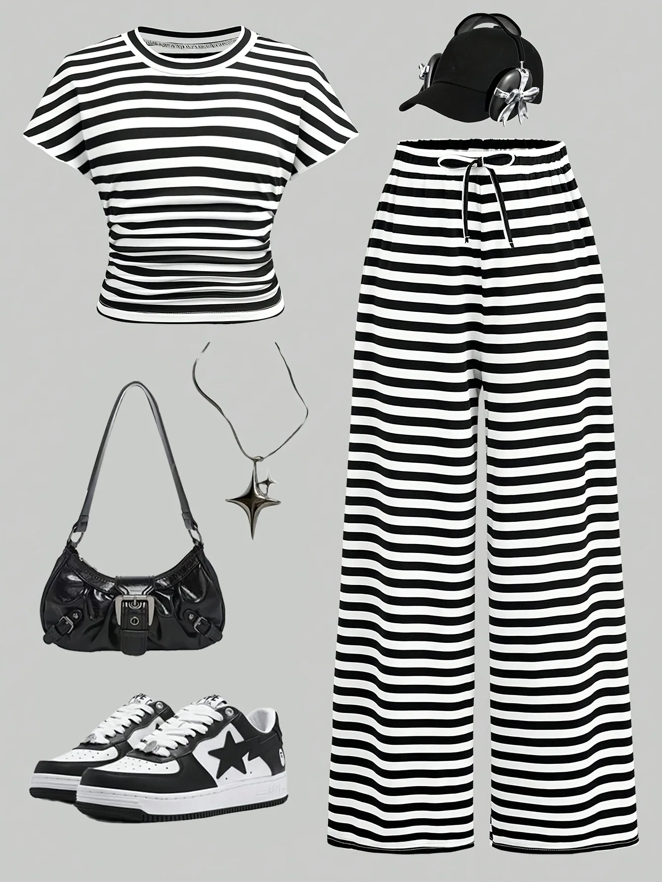 Girls 2 Piece Black White Striped Outfit Short Sleeve Crop Top Drawstring Wide Leg Pants Kids Casual Daily School Loungewear