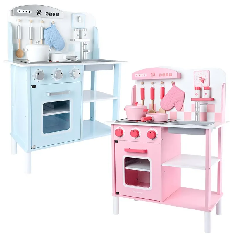 

Hotsale Wooden Kids Kitchen With Clock Kitchenware and Removable Sink for Kids Toddlers Cooking Pretend 2 Colors