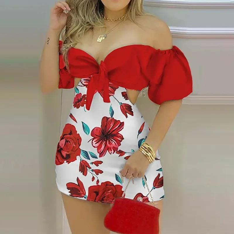 Women's Summer Romper Temperament One-line Shoulder Cutout Waist Romper Fashion Printed High-waist Romper Shorts Jumpsuit Y2k