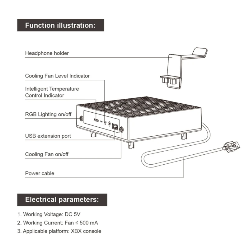 2023 新しい冷却システム速度調整可能な冷却ファン RGB ライトヘッドフォンホルダー USB エクステンダーポート冷却ファン付き