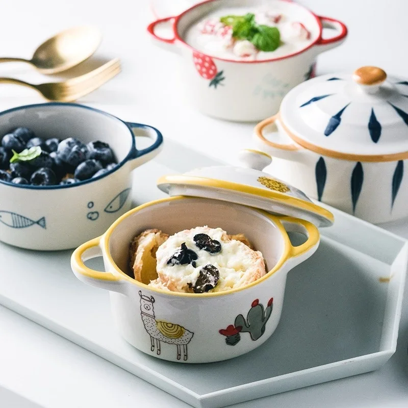 Ceramic Kitchen Bowl Baby Food Supplement Bowl Dinnerware Noodle Ramen Fruit Salad Steamed Egg Bowl Microwave Tableware with Lid