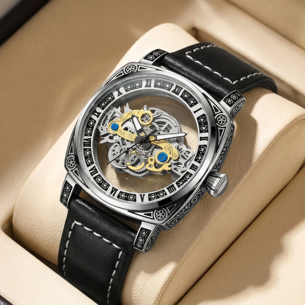 

1 шт. Механические часы с римскими цифрами, квадратным корпусом, кожаным ремешком, модные и стильные.