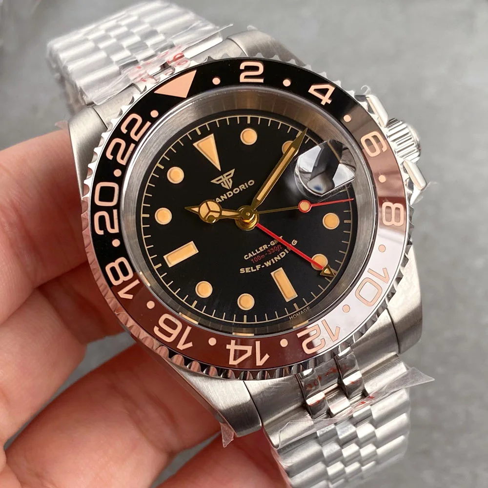 Tandorio NH34A 200M Waterproof 40mm Black White Dial NH34 GMT Automatic Movement Diving Watch Men Gold Hands Steel Bracelet