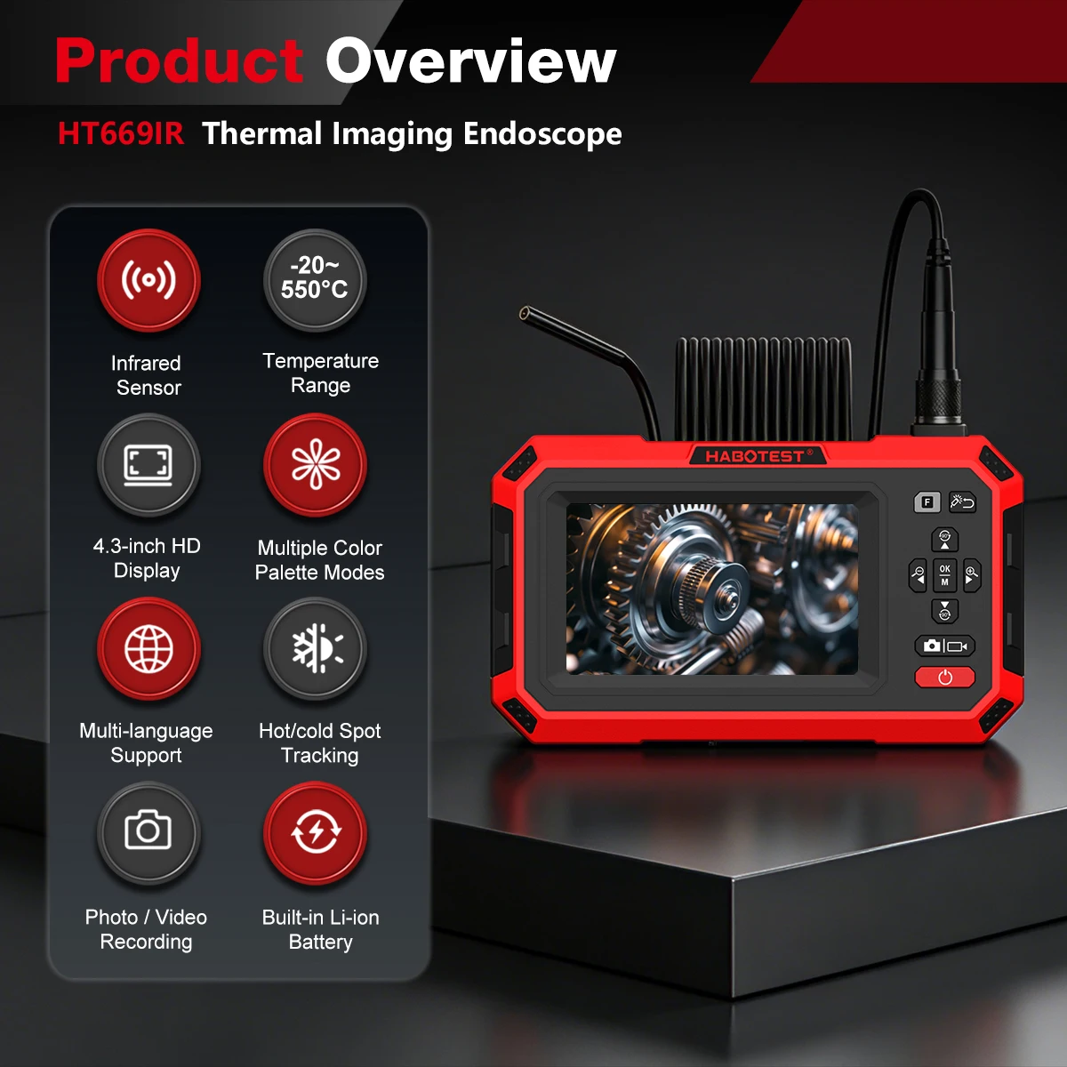HABOTEST Thermal Imaging Endoscope -20~550℃ Temp Test 4.3