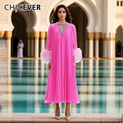 CHICEVER Elegant Long Evening Dress For Women O Neck Patchwork Feathers Sleeve High Waist Sequins Design Ceremony Dresses Female