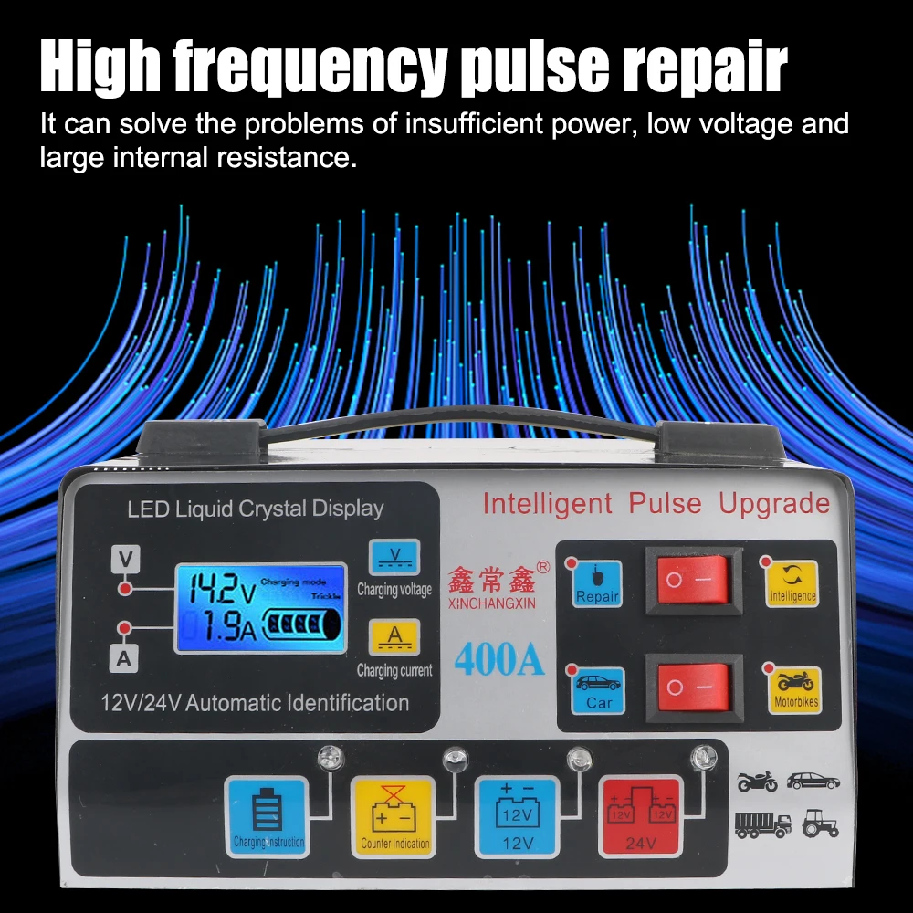 Car Battery Charger EU Plug 12V/24V 220W Fully Automatic Pulse Repair For SUV Truck Boat Motorcycle High Power LCD Display