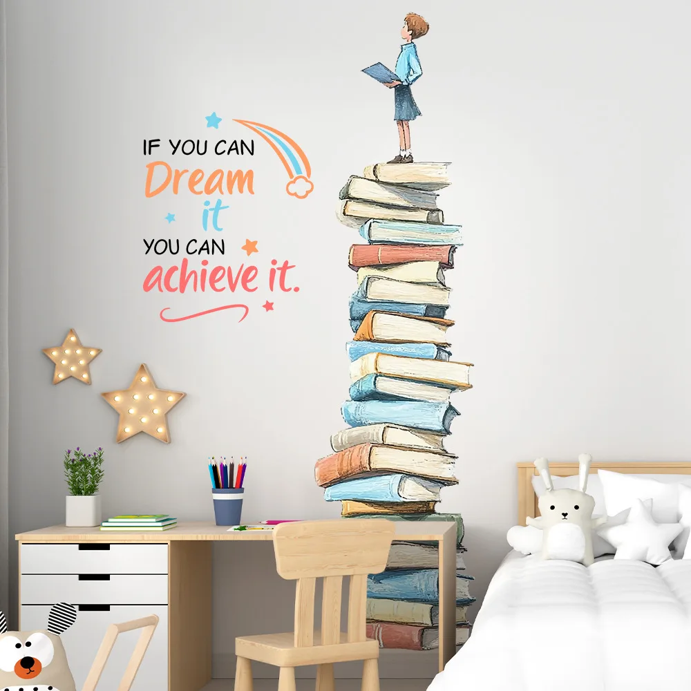1PC Boys Standing on A Book Wall Sticker English Proverbs Self-adhesive for Bedroom Study Children's Room Nursery Decoration