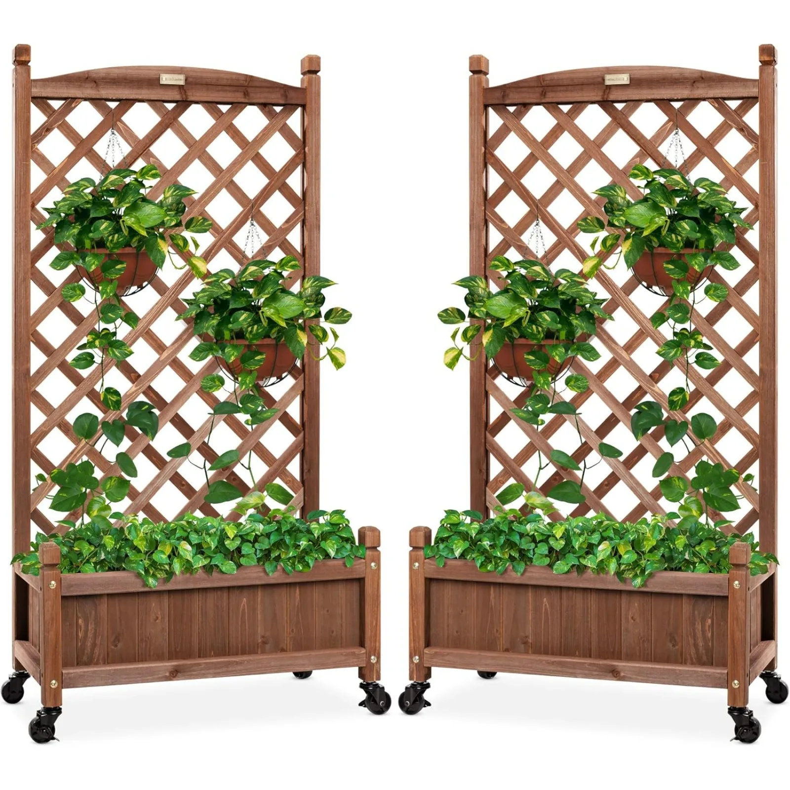 

US Set of 2 48in Wood Planter Box & Diamond Lattice Trellis, Mobile Outdoor Raised Garden Bed for Climbing Plants w/Drainage