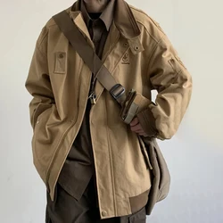 Mens Ahmei Khaki Y2k Jacket Street Retro Embroidery Workwear Coat Autumn Fashion Brand Loose Casual Lapel Color Matching Coat