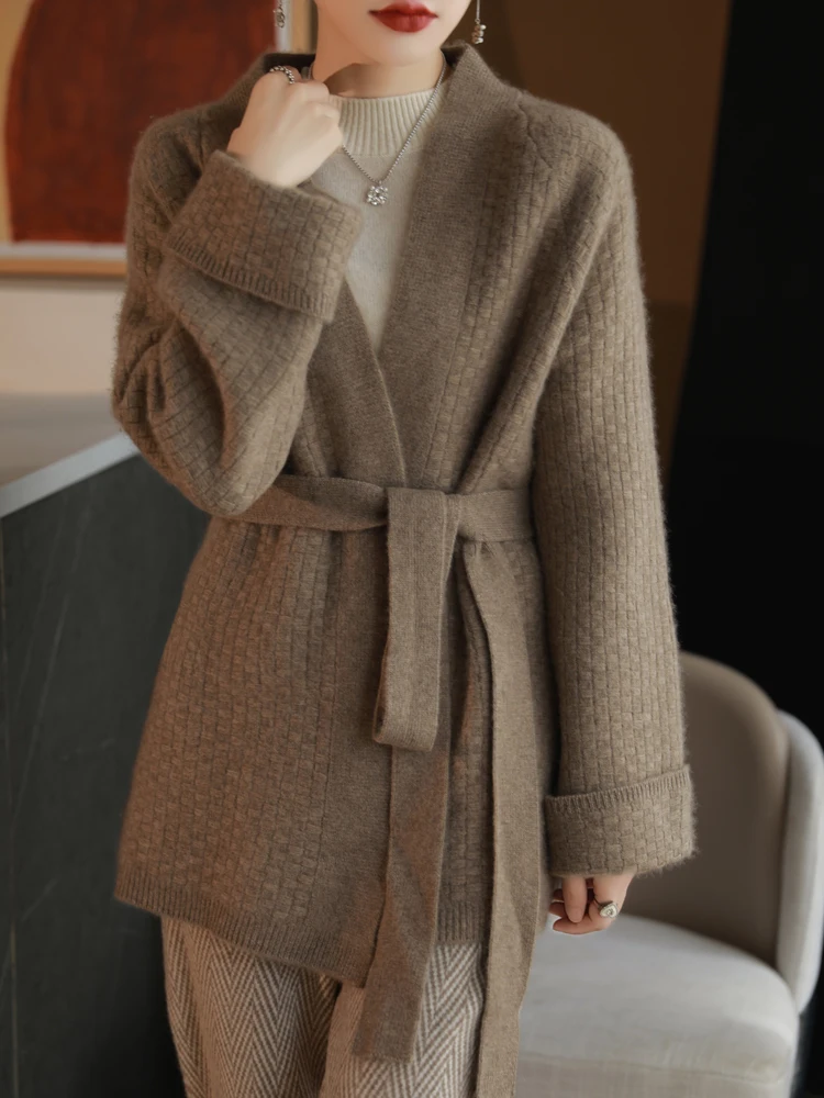 

Женский кашемировый кардиган средней длины из 100% мериносовой шерсти, осень-зима, толстый повседневный свободный стильный свитер, трикотаж, корейские топы