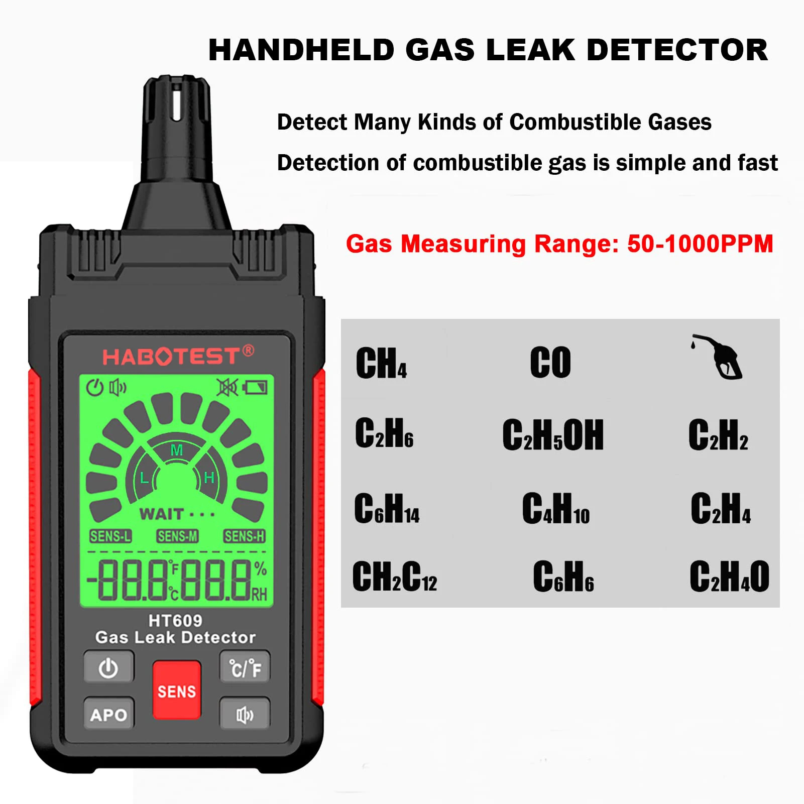 HT609 Flammable Gas Leak Detector Alarm Combustible Gas Detector with Audible and Visual Alarm Tricolor Backlight LCD Display