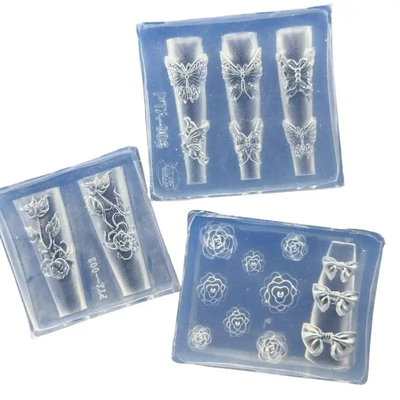 3D Silicone Bow Flower Nail Carving Mold Butterfly Rose Floral Design Transparent Template DIY Nail Art Decoration Manicure Tool