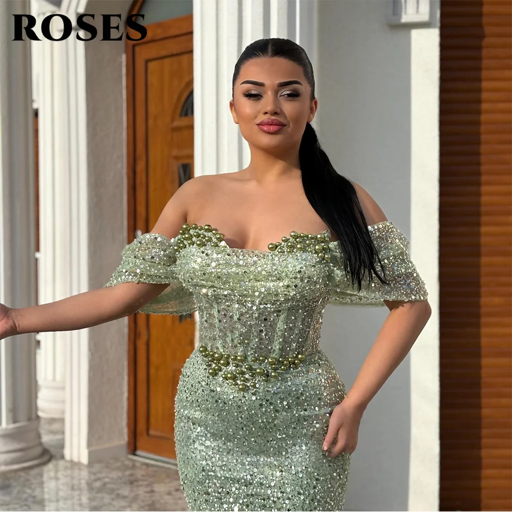 فستان سهرة أنيق باللون الوردي من ROSES بدون أكتاف مع لؤلؤ ومطرز بالترتر فستان حفلات حورية البحر للمرأة حسب الطلب #3