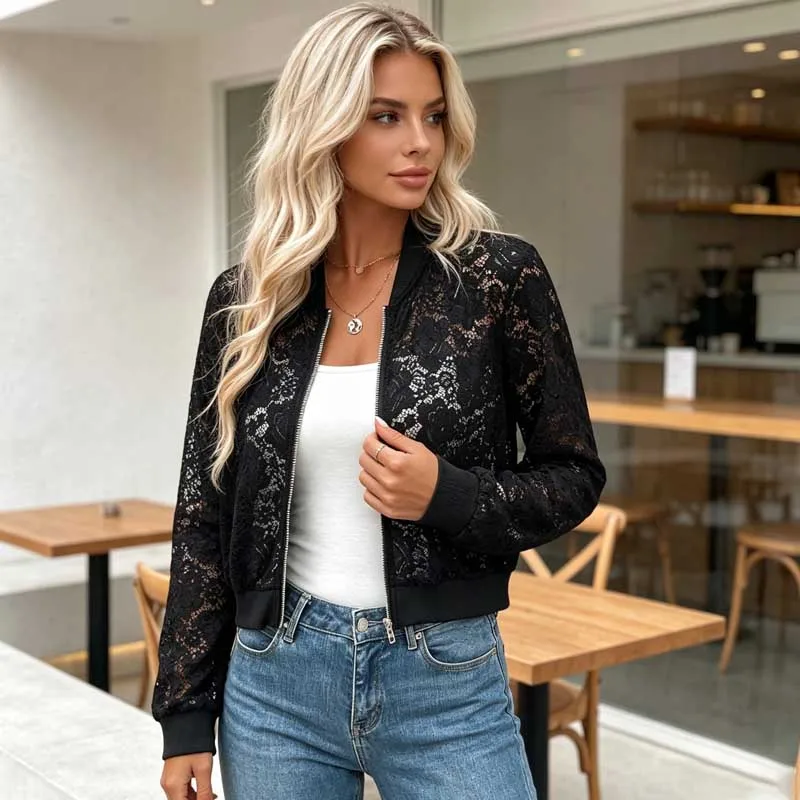 2026 Black Lace Shirt Women See-through Fashion Zipper Short Jackets Elegant Hollow Sweet Spring Long Sleeve Coats New Clothing