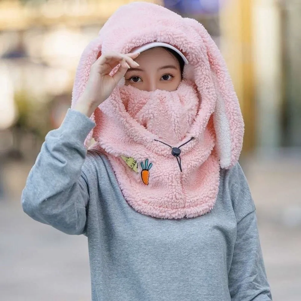 Windproof Fleece Balaclava Hat Long Bunny Ear Design Fleece Material Neck Gaiter Neck Gaiter Full Face Coverage Full Face Cover