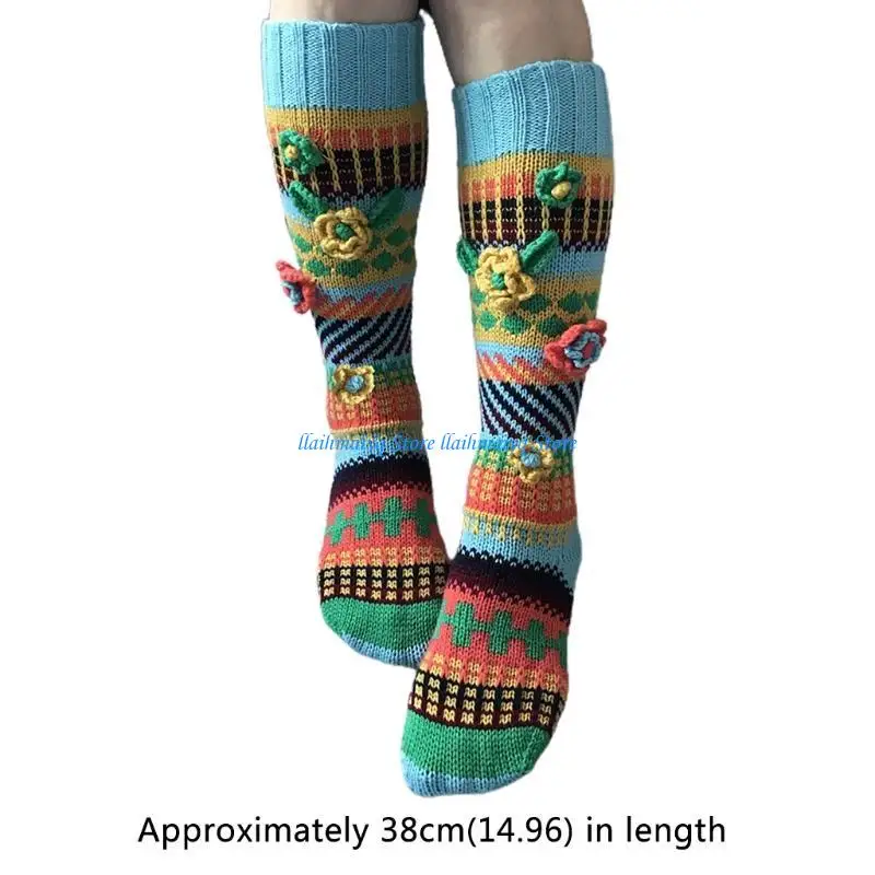573B Women Multicolor Crochet Knee High Socks Knit Flower Warm Geometry Stockings