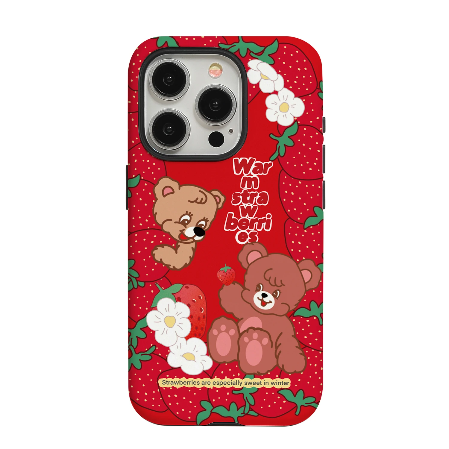 Strawberry Bear iPhone 16 Promax Filing Round Edge 2-in-1 Phone Case, Small and Cute Personalized Creative Matte Fall Protection