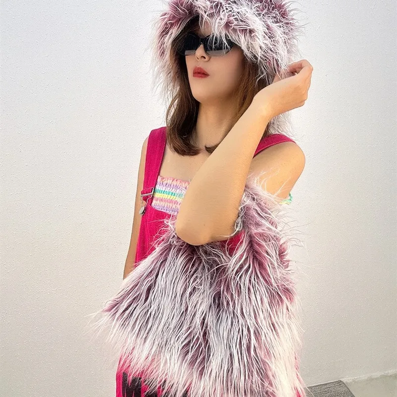 Women Winter Faux Fur Bucket Ha Outdoor Girls\' Fluffy Female Luxury Furry Fur Bag Fur Cap Hat Fashion Warm Sets