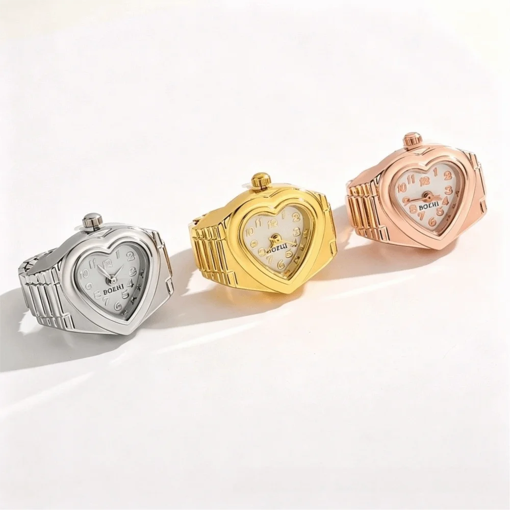 Stainless Steel Mini Finger Watch Adjustable Elastic Strap Heart Shaped Ring Watch Mini Clock Quartz Movement