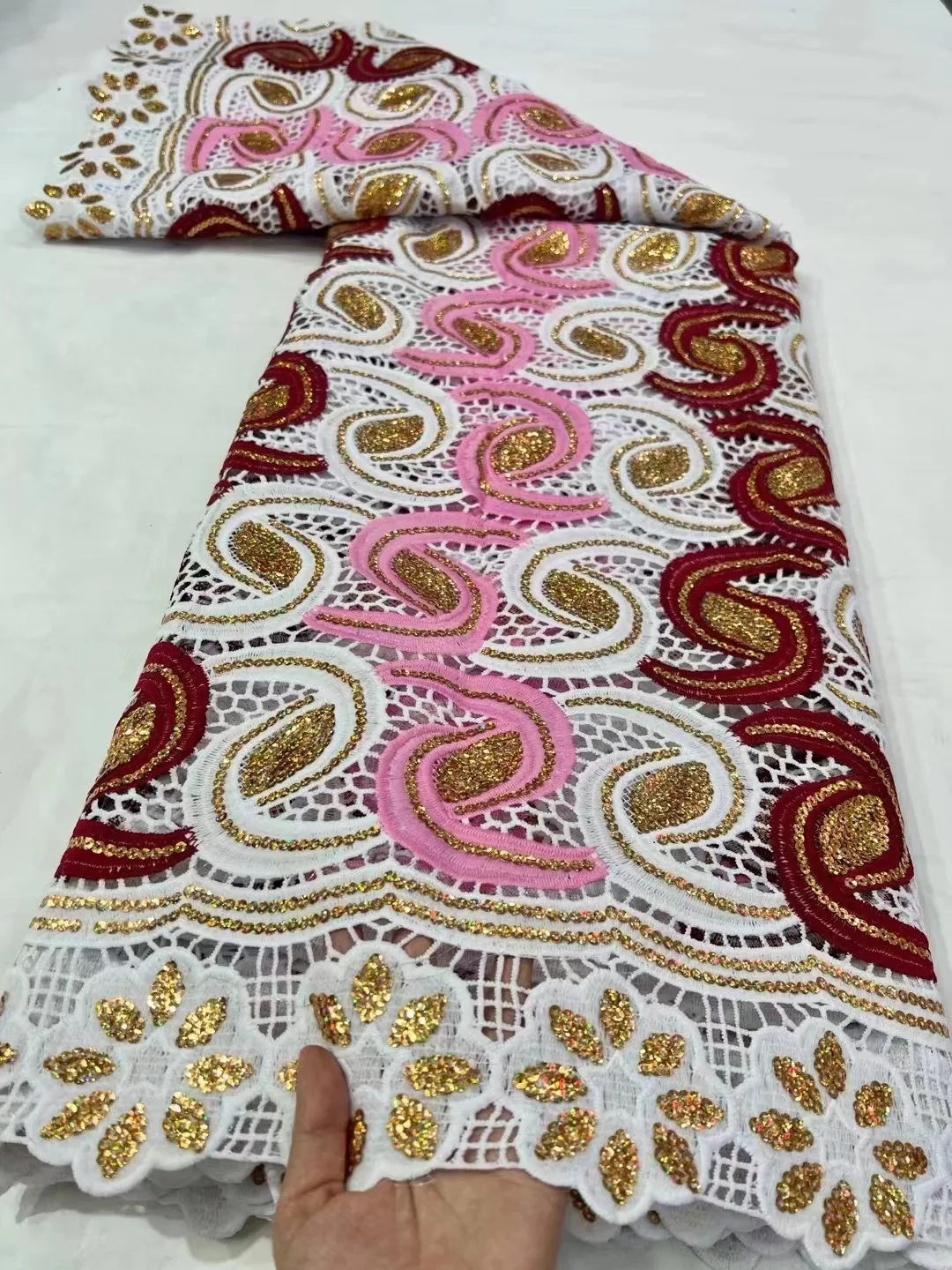 

Hot Sale African Guipure Cord Lace Fabric Unique Style Nigerian Water Soluble Cord Lace Fabrics With Sequins For Wedding Party