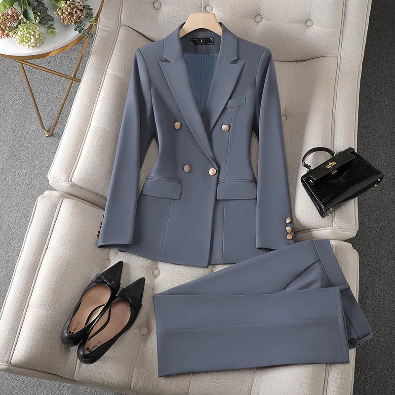 

New Women Pant Suit Office Ladies Female Business Work Wear 2 Piece Set Formal Double-breasted Blazer Jacket and Trouser Suit