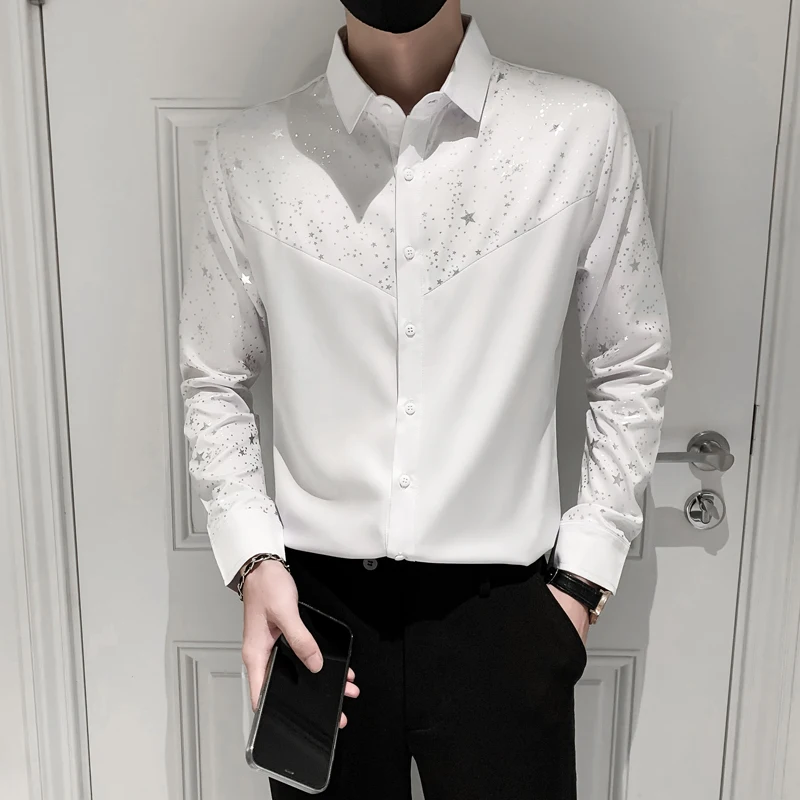 Star Printed Polka Dot Shirts Tops Men High Quality Long Sleeve Casual Male Silk Shirt Party Bar Slim Fit Floral Mens Clothing