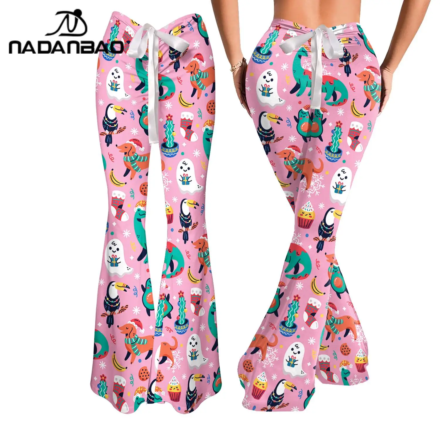 NADANBAO Christmas Women Flare Pants Santa Claus Snowman Pattern Lace-Up Trousers 3D Printed Casual Streetwear Xmas Gift Bottom