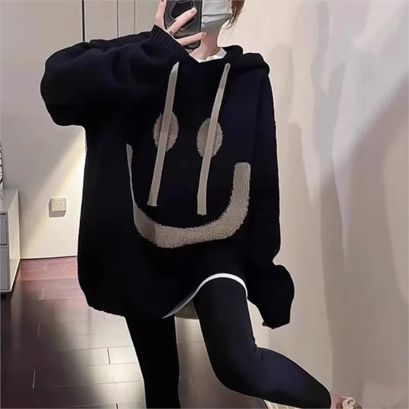 Women's Pullover Sweater 2026 Fall/Winter Loose Oversized Color-Block Hooded Black Apricot Knit Sweater Slouchy Style