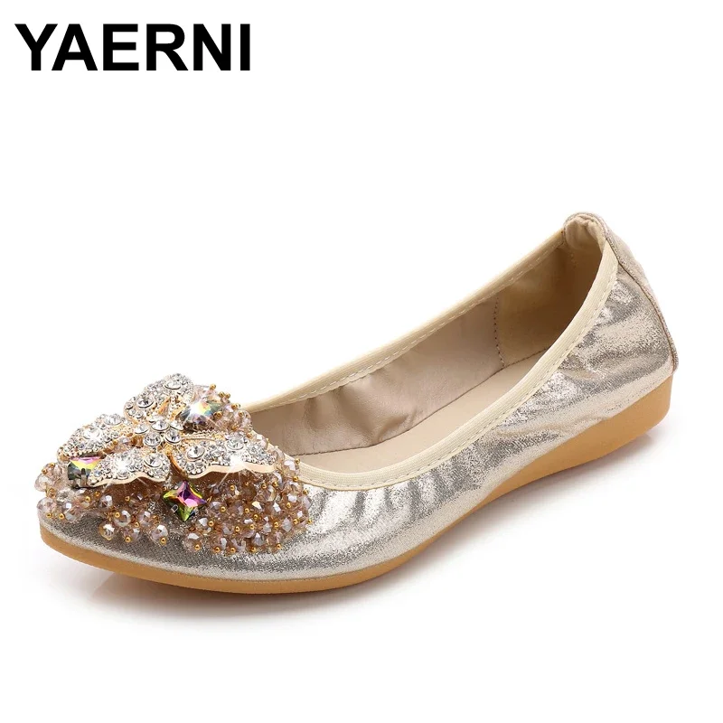 YAERNI Women Crystal Ballet Flats Size 34-43 2021 Spring Solid Gold Bling Cloth Pointed Toe Slip-On Flat Shoes Woman