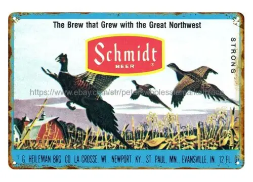 1970s Schmidt Beer pheasant Outdoors Scene Brewing metal tin sign garage package sign