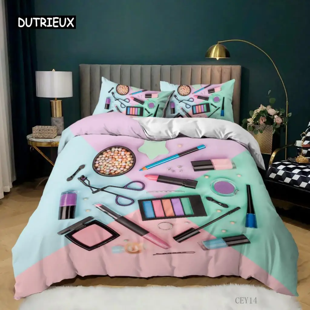 Cosmetic Duvet Cover Set King Size Makeup Theme Bedding Set Lipstick Mascara Eye Shadow Modern Soft Microfiber Comforter Cover