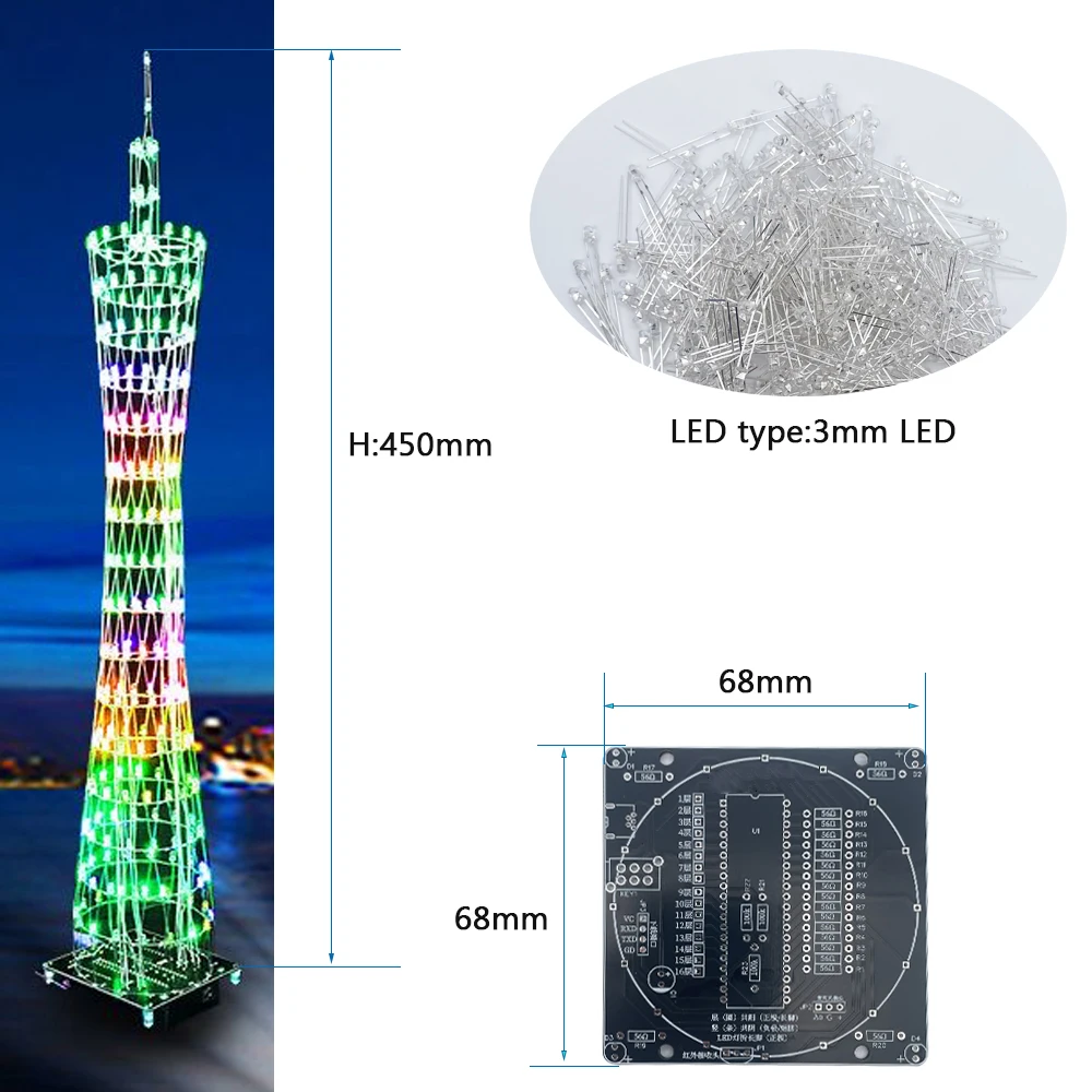 kit di saldatura elettronica fai da te LED colorato Canton Tower Light 16 * 16 Saldatura per formazione pratica elettronica