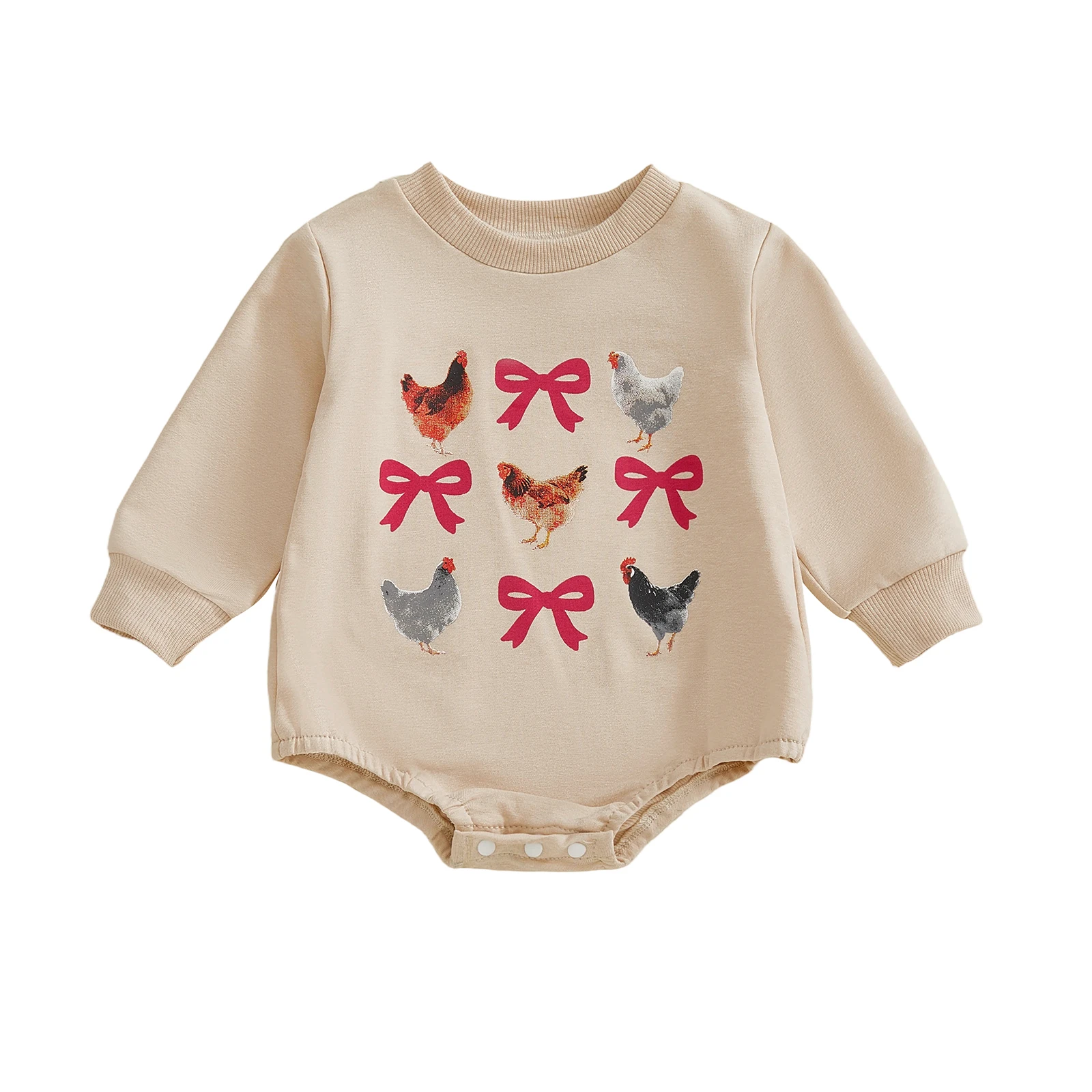 

Осенний повседневный комбинезон для маленьких девочек, свободный комбинезон с длинными рукавами и круглым вырезом, бантом и куриным принтом