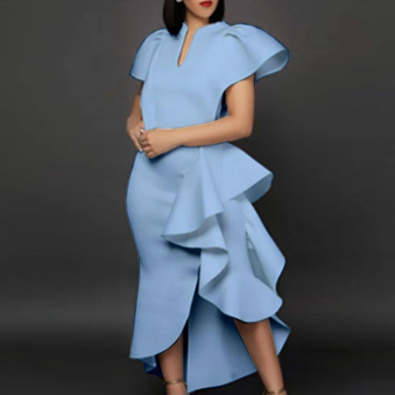 MSMUSI 2025 New Fashion Women Sexy V Neck Falbala Ruffles Draped Fold Short Sleeve Bodycon Party Club Event Slim Slit Midi Dress