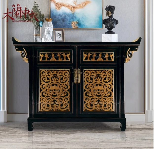 Neoclassical Chinese hand-painted gold foil upturned head shoe cabinet, solid wood porch foyer locker