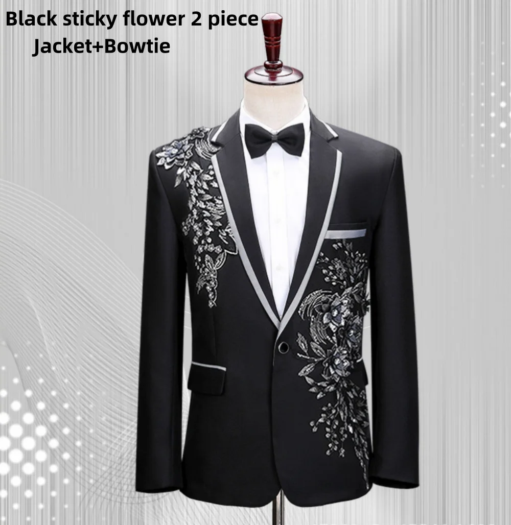 New Elegant White Black Sticky floral suit Set Stand Collar Mens Wedding Suits Formal Groom Tuxedo Costume(Jacket+pants+Bowtie)